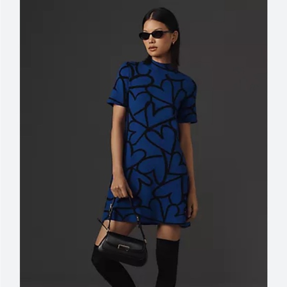 Anthropologie The Nina Short Sleeve Mock Neck Mod Mini Dress Blue Black XSP NEW - Picture 1 of 14